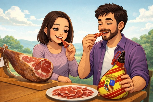 Jose e Iuli comiendo jamón de teruel